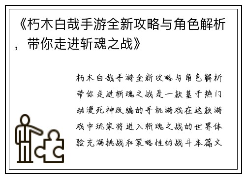 《朽木白哉手游全新攻略与角色解析，带你走进斩魂之战》